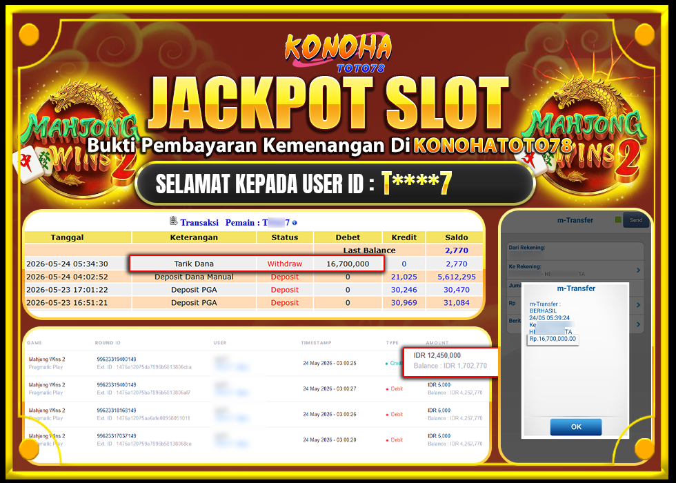 KONOHATOTO78 JACKPOT MAHJONG WINS 2 Rp.16.700.000,- LUNAS